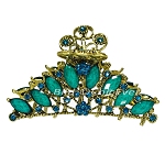 Haargreifer L Vintage Haarkneifer Haarklammer Metall & Strass grün türkis blau gold 5119d
